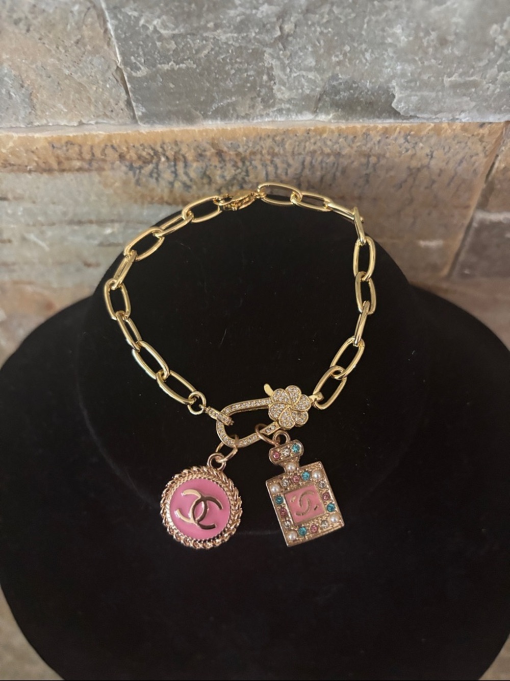 Gold Chain Bracelet with Pink Logo and Perfume Bottle Charms